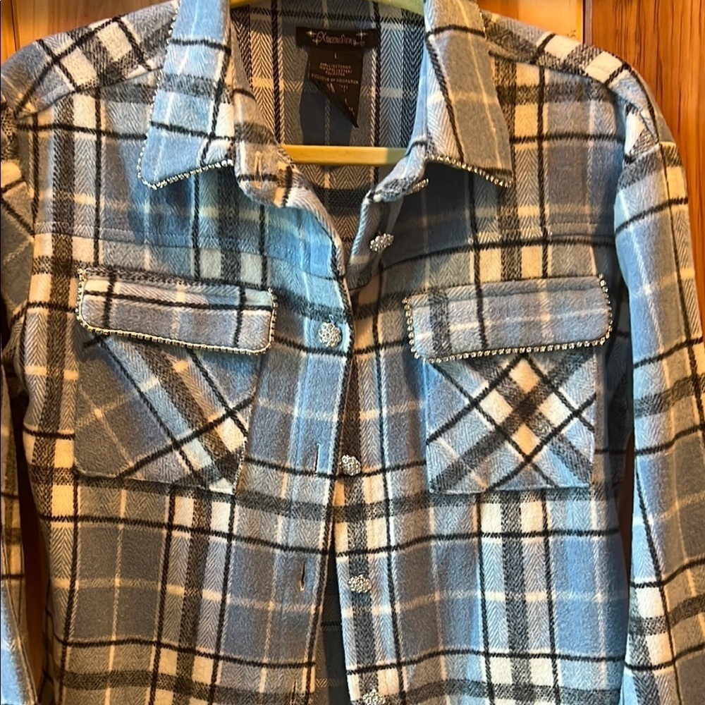 Shacket Blue and Black Plaid Shirt with jeweled buttons - Picture 6 of 7